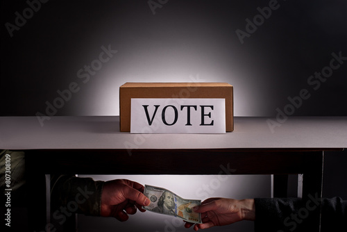 Hands holding hundred dollar bill under table with voting box