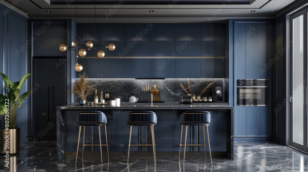 custom made wallpaper toronto digitalLuxury kitchen design with dark blue wall.AI generated image.
