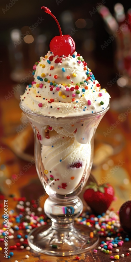 Ice Cream Sundae with Sweet Treats: Vanilla Ice Cream, Whipped Cream, Strawberries, and Sprinkles