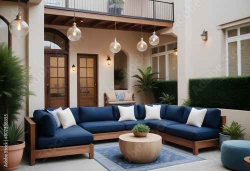  A modern outdoor patio with a large blue sectional sofa  a round wooden coffee table  and hanging light fixtures . The patio has a covered roof and is surrounde