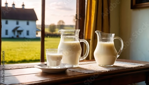 world milk day with a glass of milk and jug of milk is holding on a table behind it a pleasant view of nature 