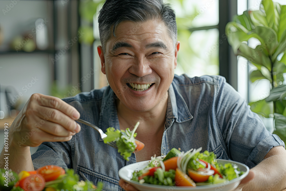 Happy asian mature man holding fork and bowl with fresh vegetable salad, eating healthy lunch after domestic training. Active middle aged male having balanced meal

