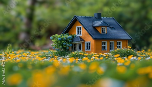Miniature house model in a daisy field © gearstd
