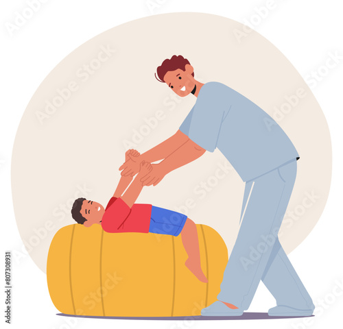 Male Therapist Character Assists A Young Boy Performing A Physical Rehabilitation Exercise On A Yellow Ball