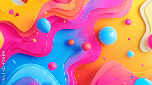 Vibrant Abstract Background with Flowing Color Waves and 3D Spheres