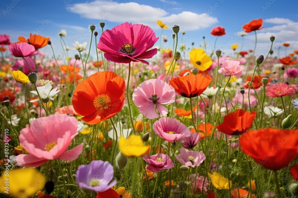 Obraz premium A vibrant field of colorful poppies and wildflowers under the bright blue sky, with white clouds in the background. The flowers are in various shades of pink, red, yellow, orange and purple.
