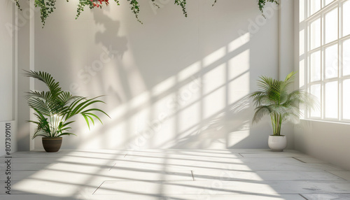 White room filled with numerous plants such as flowers and palm trees casting shadows from window light © reddish