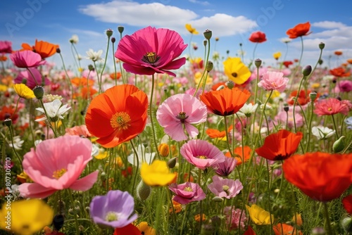 A vibrant field of colorful poppies and wildflowers under the bright blue sky  with white clouds in the background. The flowers are in various shades of pink  red  yellow  orange and purple.