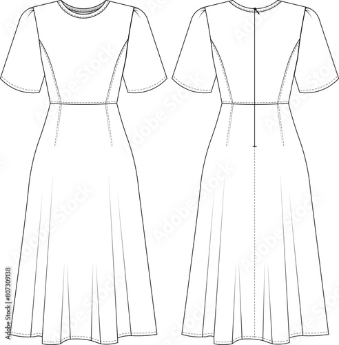 loose short sleeves round neck crew neck princess darted zippered a-line flared maxi long midi dress template technical drawing flat sketch cad mockup fashion woman design style model 