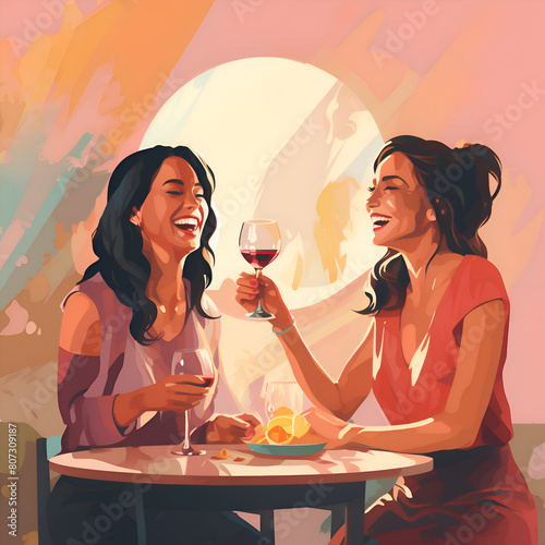smiling happy women having party or date, talking together, drinking prosecco and aperol.  Colofrul vector, illustration of women  photo