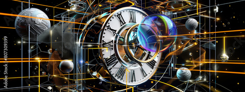 Time takes on a psychedelic form with a mesmerizing clock, its vibrant colors and abstract patterns creating an unconventional and mind-bending experience. Black background.