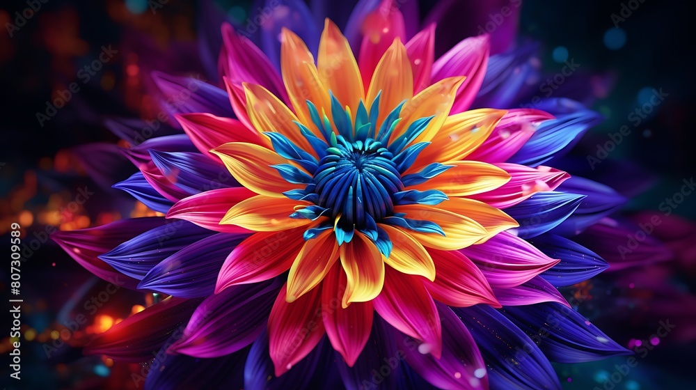 A surreal neon flower radiating a kaleidoscope of vivid colors.