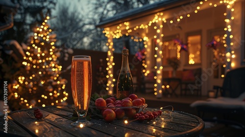Beautifully served outdoor dinner on house terrace, festive table setting with delicious food
