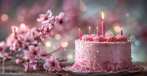   A pink cake rests atop a wooden table, surrounded by a bouquet of pink flowers on the same table