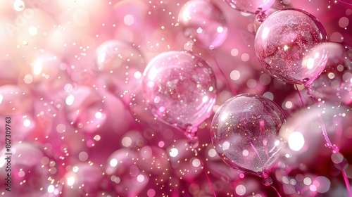  A bunch of bubbles float in the air against a pink and white background