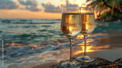  Two champagne glasses sit on a rock by the ocean, surrounded by stunning views