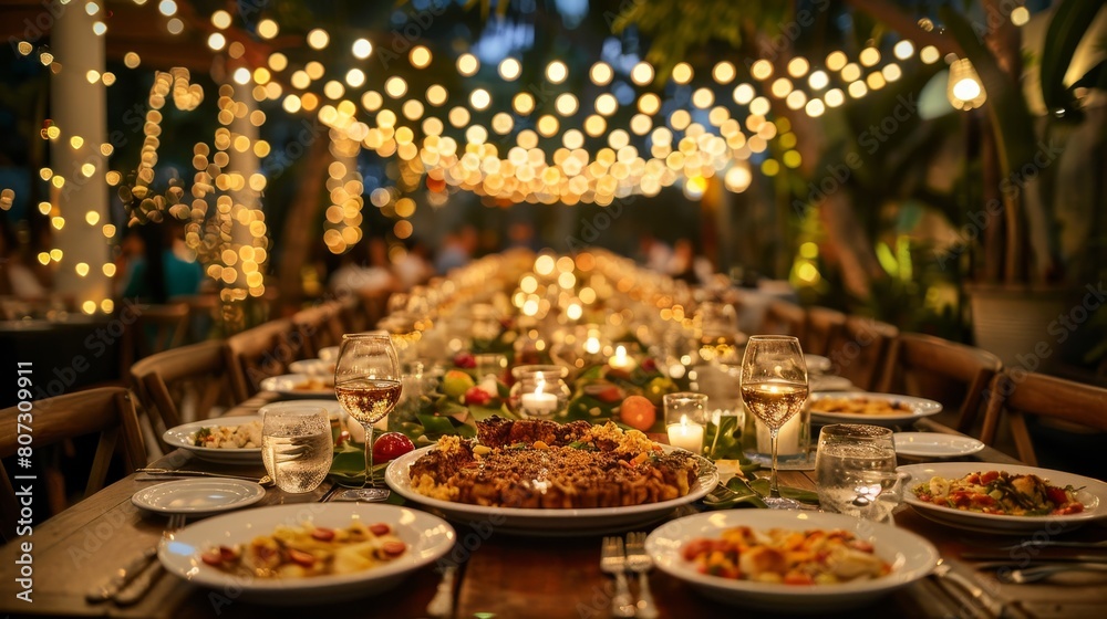 Elegant outdoor festive dinner on house terrace with beautifully served table setting away from city
