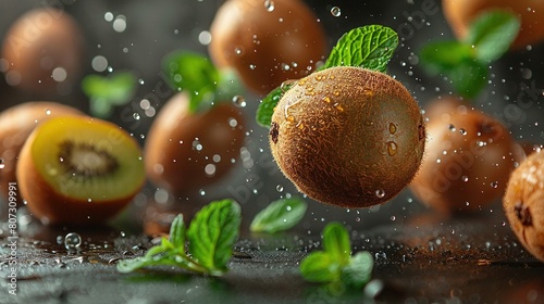   A close-up of a kiwi fruit on a table with leaves and droplets of water on its surface