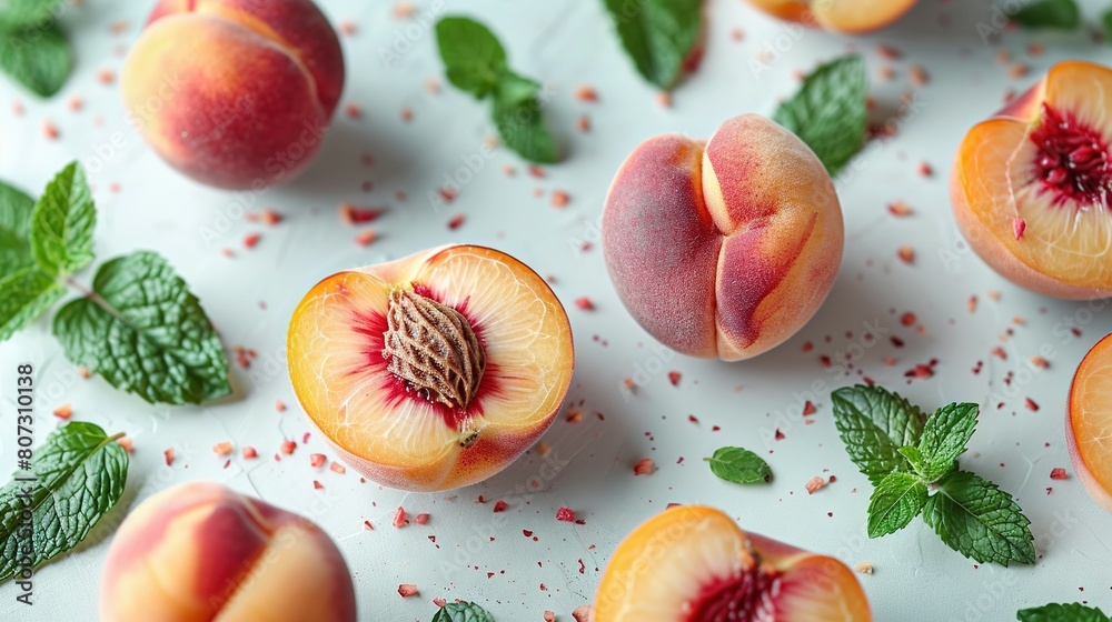   A tablecloth of green leaves holds a cluster of juicy peaches, dusted with spices