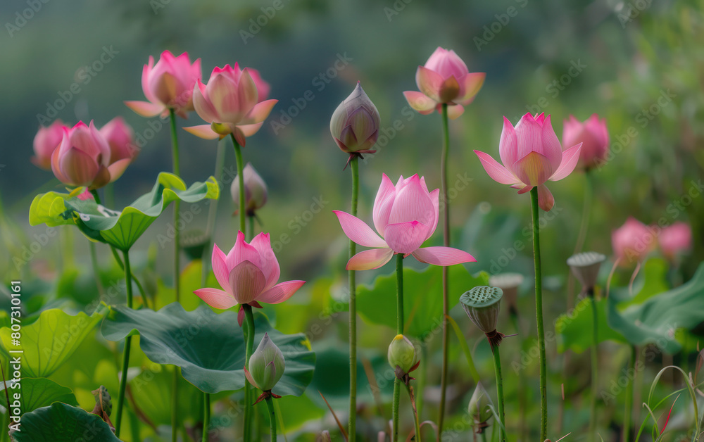 A field covered with numerous pink flowers and lush green leaves, creating a vibrant and colorful scene A field covered with numerous pink flowers and lush green leaves, creating a vibrant and colorful scene