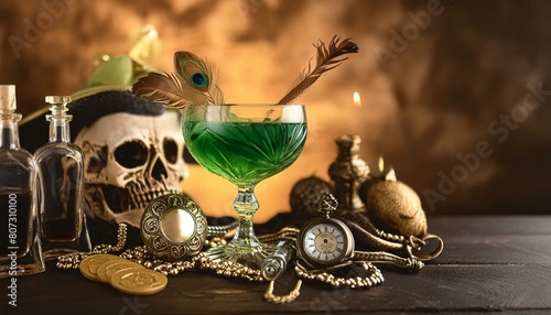 Surreal Absinthe Cocktail Artistic Composition featuring The Drink, Vintage Timepice  Items And Skulls photo