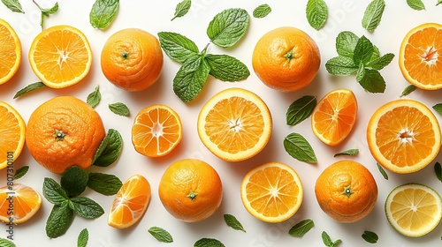   A cluster of halved oranges adorned with leaves and mints resting on a white plate against a white backdrop