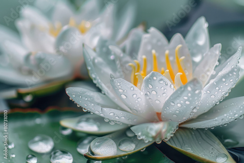 Close up view of a water lily with droplets of water on its petals