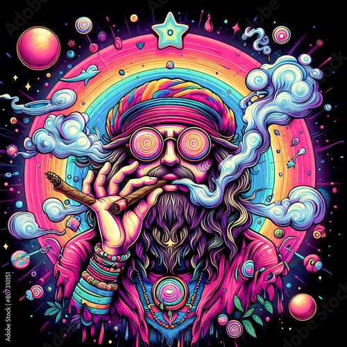 Digital art vibrant colorful psychedelic hippie character smoking a blunt