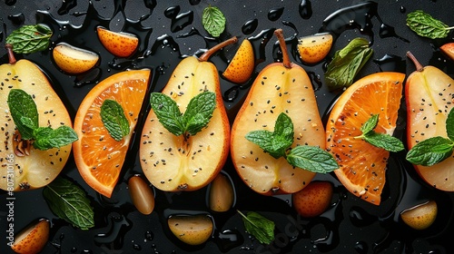   A platter of colorful cut-up fruits atop a black table with green leafy accents photo