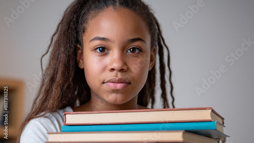 Bookish Teen: Studious Pose Amidst Books, Captured in a Professional Studio Photo girl teen black