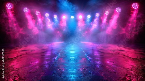   A vivid stage bathed in bright pink and blue lights