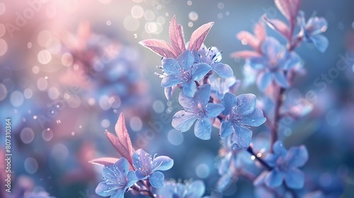  A sharp photo of blue flowers, petals glistening with water droplets against a fuzzy backdrop