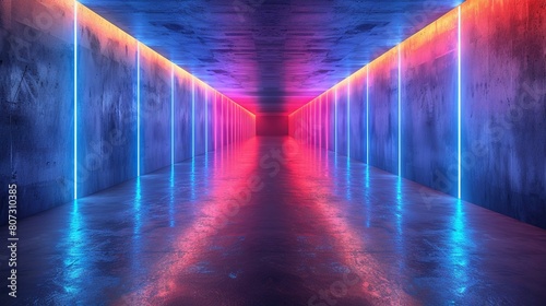  A long hallway with neon lights and a red light at the end of one of its corridors is now optimized