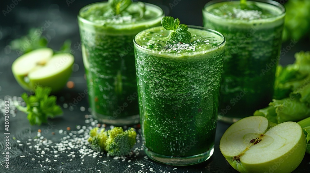 A couple of glasses filled with green liquid next to an apple and leafy garnish on a table A couple of glasses filled with green liquid next to an apple and leafy garnish on a table