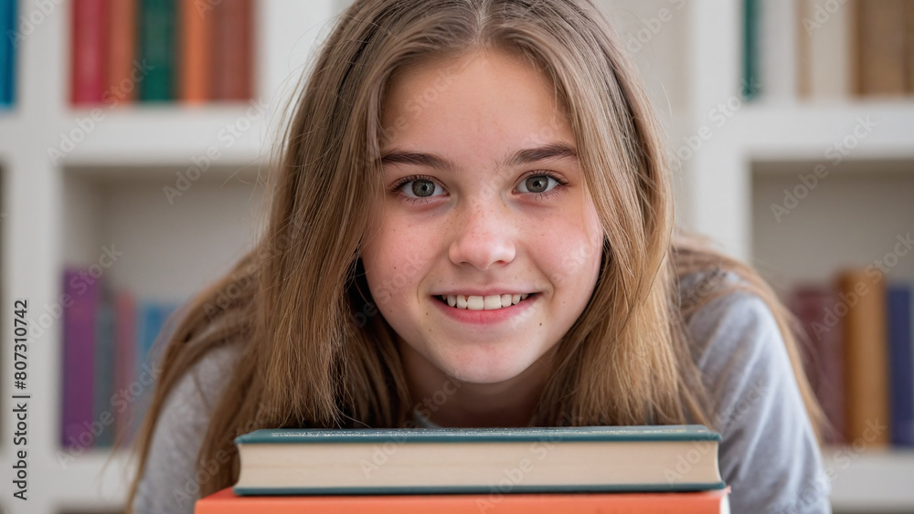 Smiling Student Surrounded by a Towering Stack of Books: A Portrait of Youthful Ambition and Scholarly Pursuit in the Library Studio girl teen white Smiling Student Surrounded by a Towering Stack of Books: A Portrait of Youthful Ambition and Scholarly Pursuit in the Library Studio girl teen white