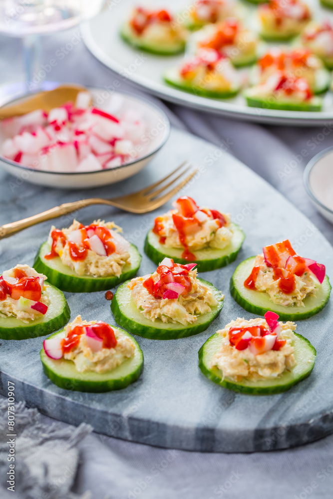 Cucumber appetizers with tuna and salmon spread with radish, fingerfood, healthy bits Cucumber appetizers with tuna and salmon spread with radish, fingerfood, healthy bits