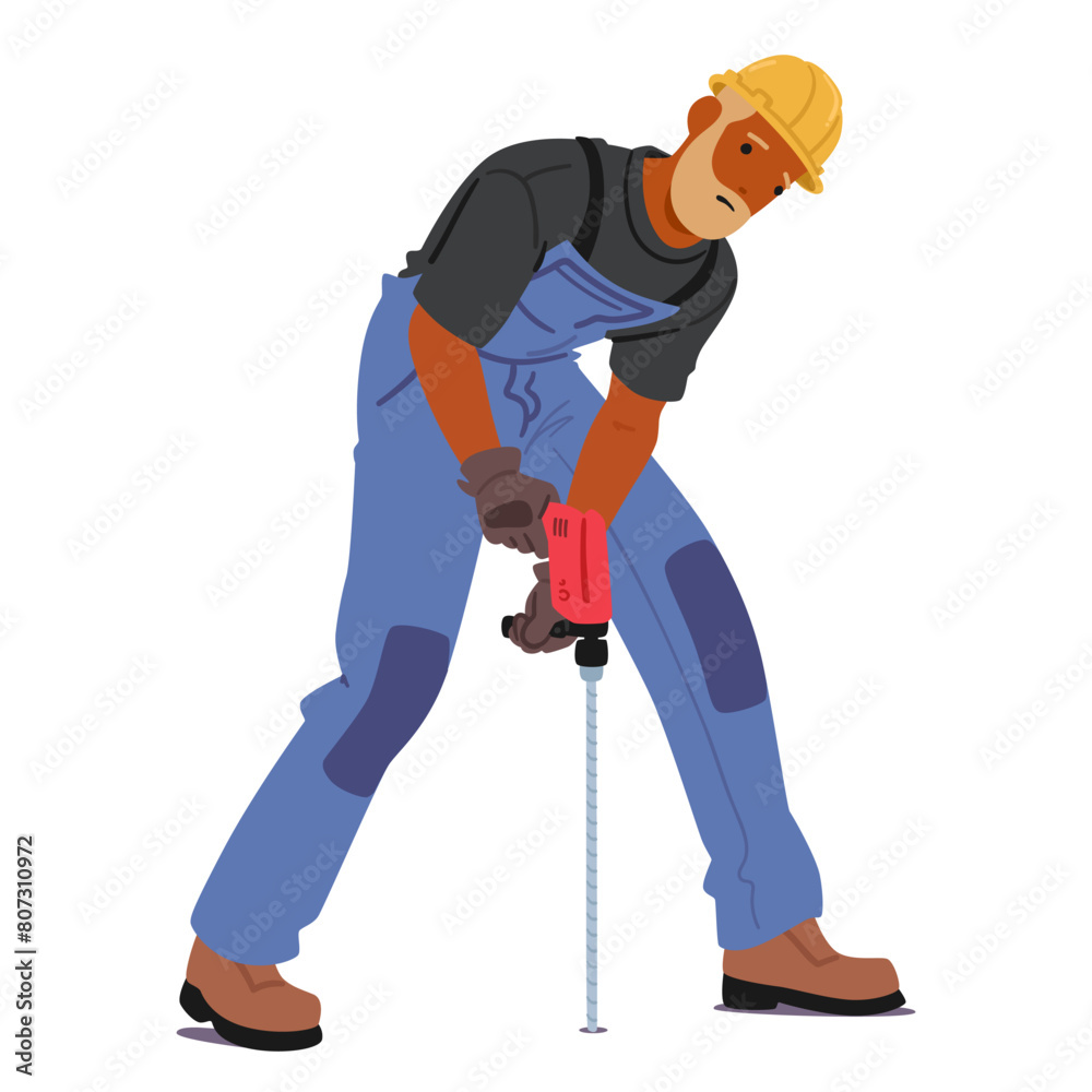 Construction Worker Character in Safety Gear and Overalls, Operating Power Drill, for Drilling Into A Surface