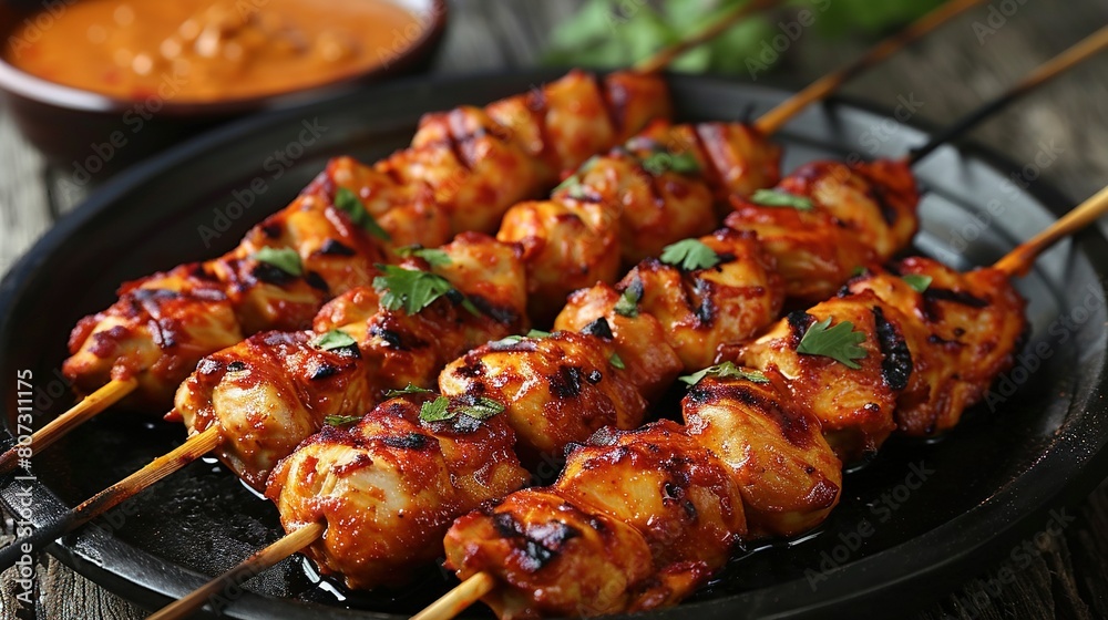 A close-up of a plate with skewered chicken on skewers, stacked in layers A close-up of a plate with skewered chicken on skewers, stacked in layers