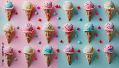 Colorful ice cream with cones and various fruits, strawberry, lemon, almonds and peppermint leaves setup on pastel color background.  © Stewart Bruce
