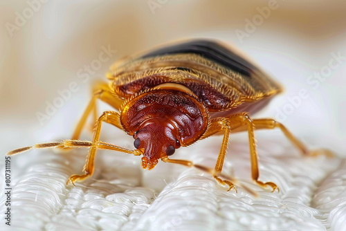 Cimex hemipterus - bed bug on bed background
 photo