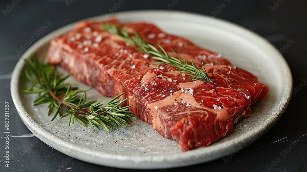 A plate of raw meat topped with fresh rosemary A plate of raw meat topped with fresh rosemary