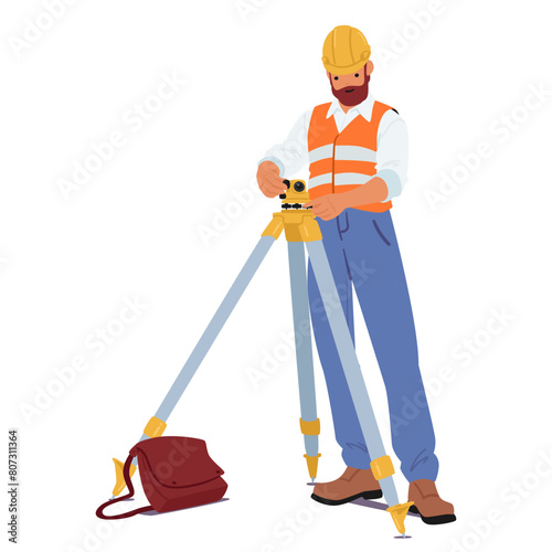 Surveyor Or Engineer Wearing Hard Hat and Safety Vest, Work with Surveying Tripod And Theodolite Equipment, Vector