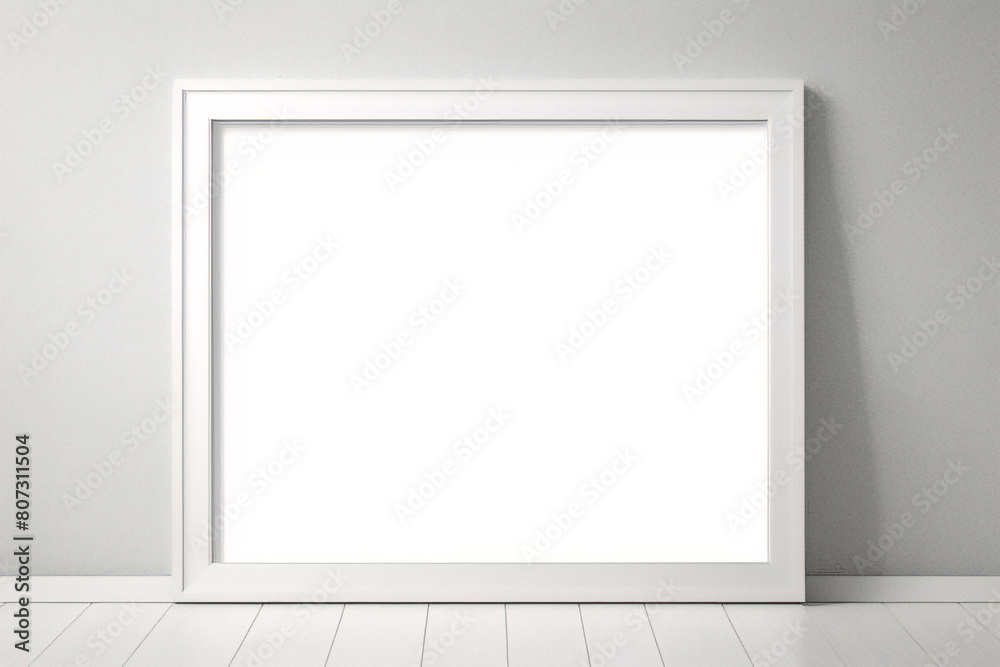 Lienzo blanco vacío con marco decorativo blanco sobre una maqueta de fondo blanco Lienzo blanco vacío con marco decorativo blanco sobre una maqueta de fondo blanco
