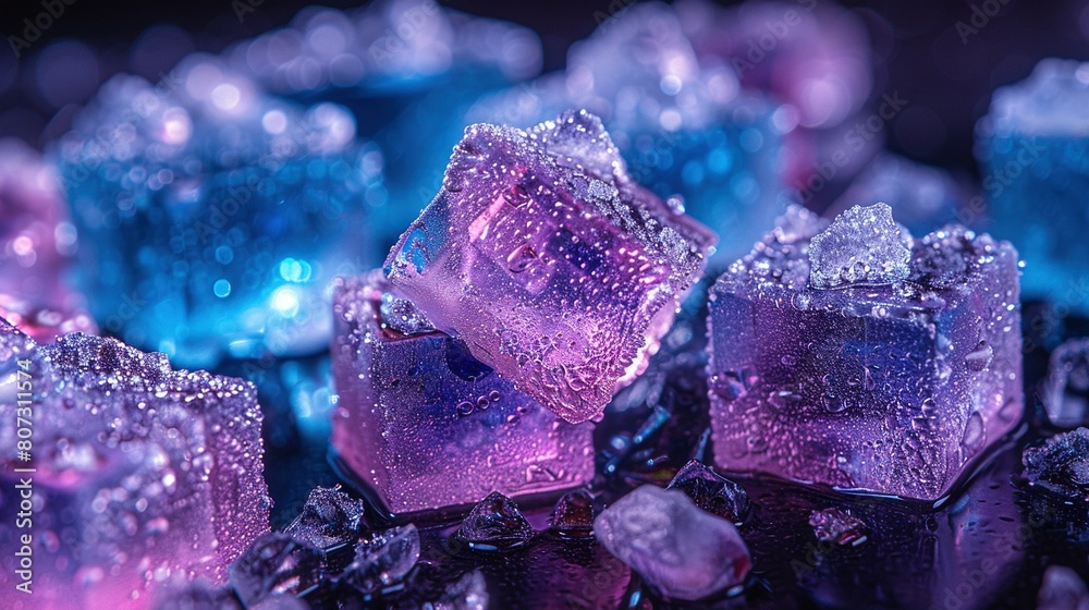 A stack of blue and purple ice cubes atop a mound of blue and purple ice cubes, all resting atop a pile of blue and purple ice cubes A stack of blue and purple ice cubes atop a mound of blue and purple ice cubes, all resting atop a pile of blue and purple ice cubes