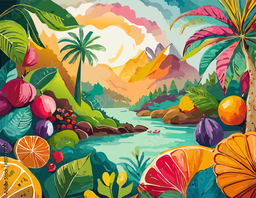 tropical island with river and tropical fruit and palm trees