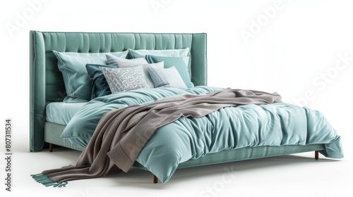 Contemporary pale turquoise bedroom setup with a spacious bed, plush pillows, and a blanket, studio shot on a white background photo
