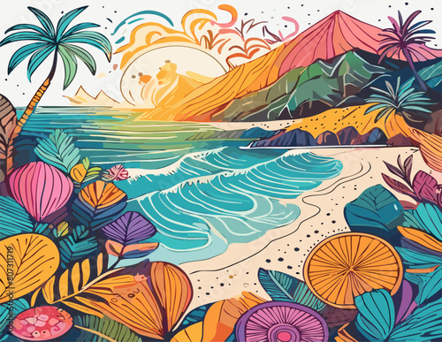 tropical beach with mountain