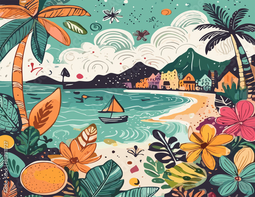 tropical island beach with boat