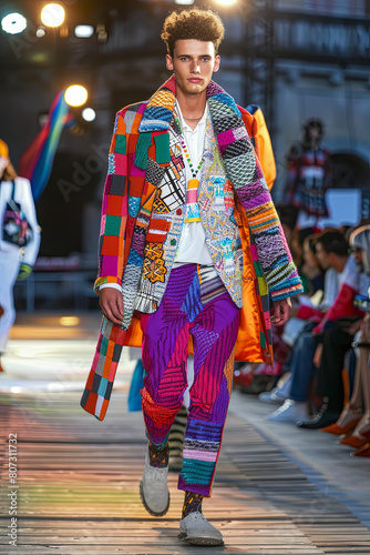 Male models walk the runway in different modern and colourful suits during a Fashion Show. Fashion catwalk event showing new collection of clothes. Vivid colours
