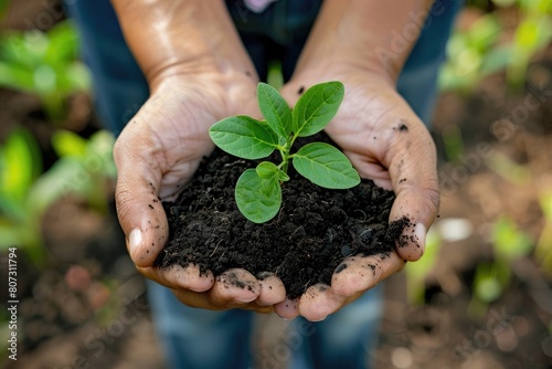 A hands holding a handful of rich, dark soil, with a small seedling ready to be planted